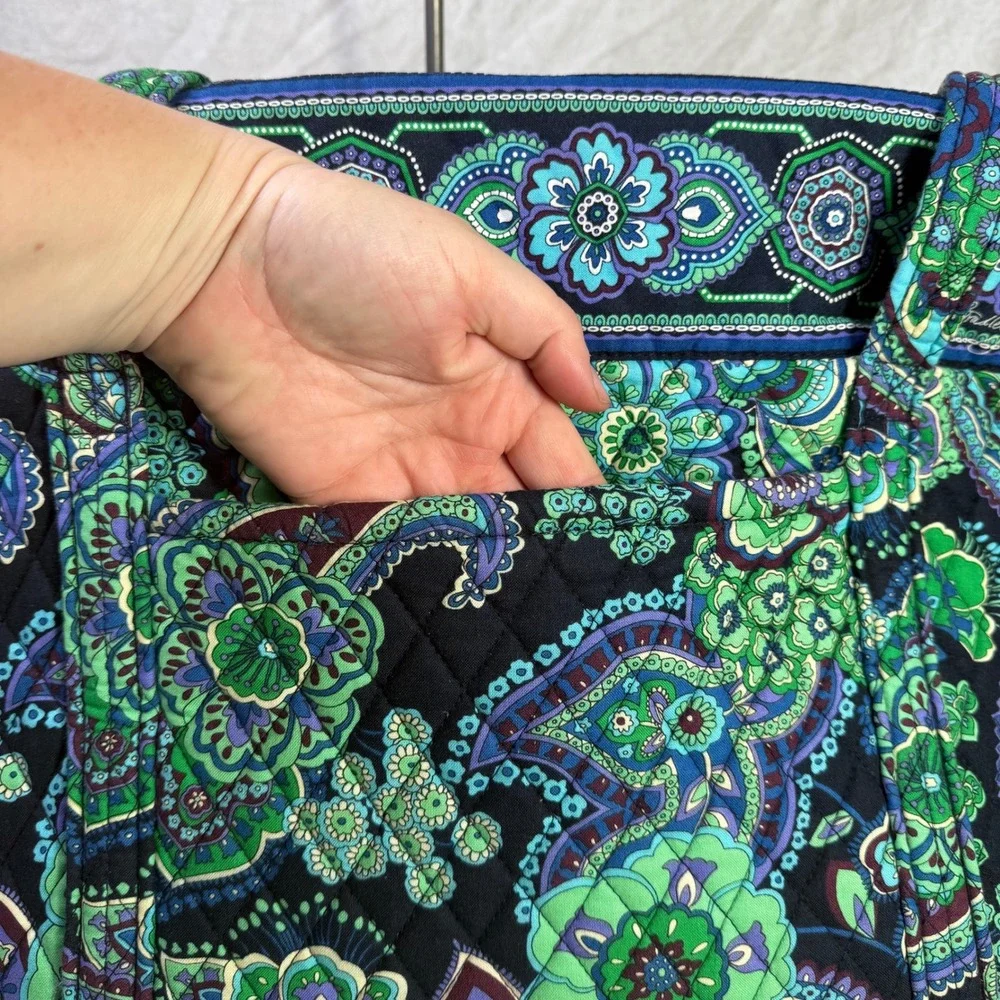 Vera Bradley Quilted Tote Bag Emerald Paisley Print Top Zip Shoulder Bag - Picture 7 of 12
